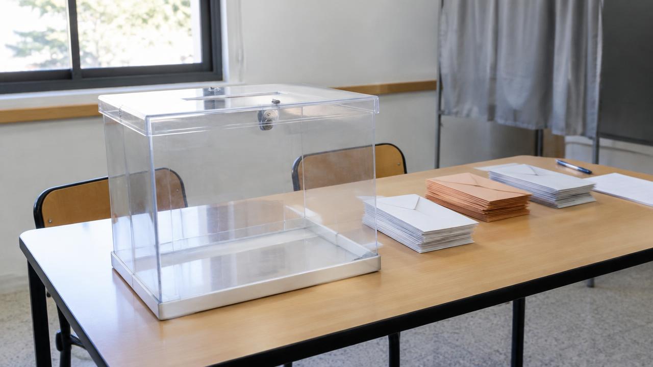 Leerer Wahltisch mit durchsichtiger Urne und Umschlägen (KI-generierte Illustration)