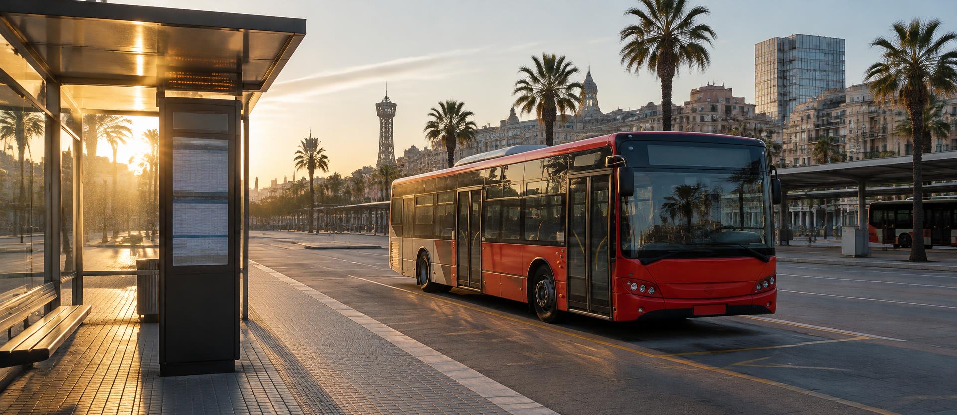 Roter Stadtbus an einer leeren Haltestelle in Barcelona im Morgenlicht vor dem Generalstreik (KI-generierte Illustration)