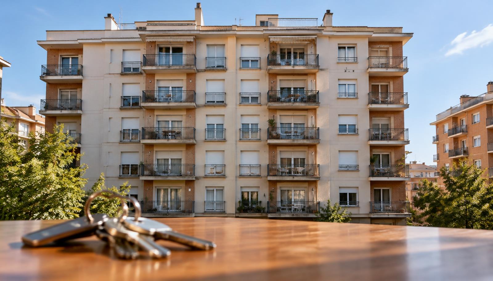 Spanischer Wohnblock mit vielen Balkonen, im Vordergrund ein Schlüsselbund, KI-Illustration