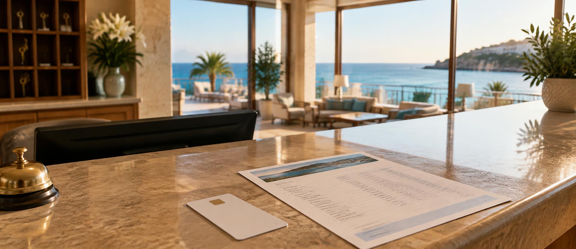 Rezeption eines spanischen Strandhotels mit Zimmerkarte und Preisblatt vor Meerblick (KI-generierte Illustration)