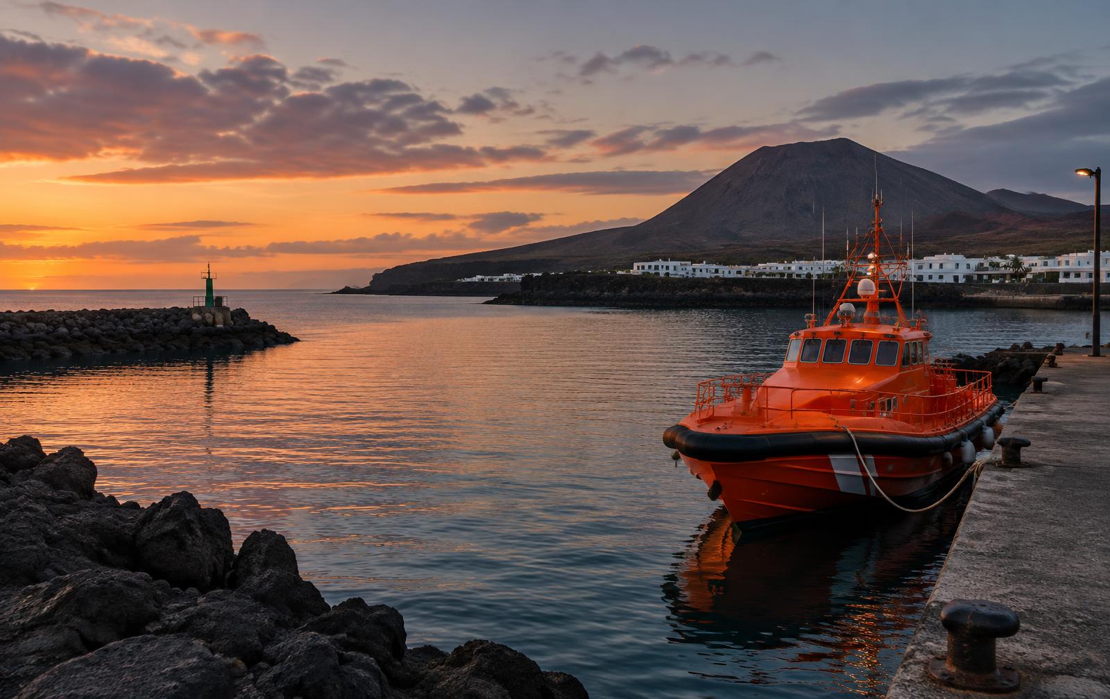 Ruhiger Hafen einer Vulkaninsel in der Abenddämmerung mit einem orangefarbenen Rettungsboot am Kai, KI-Illustration