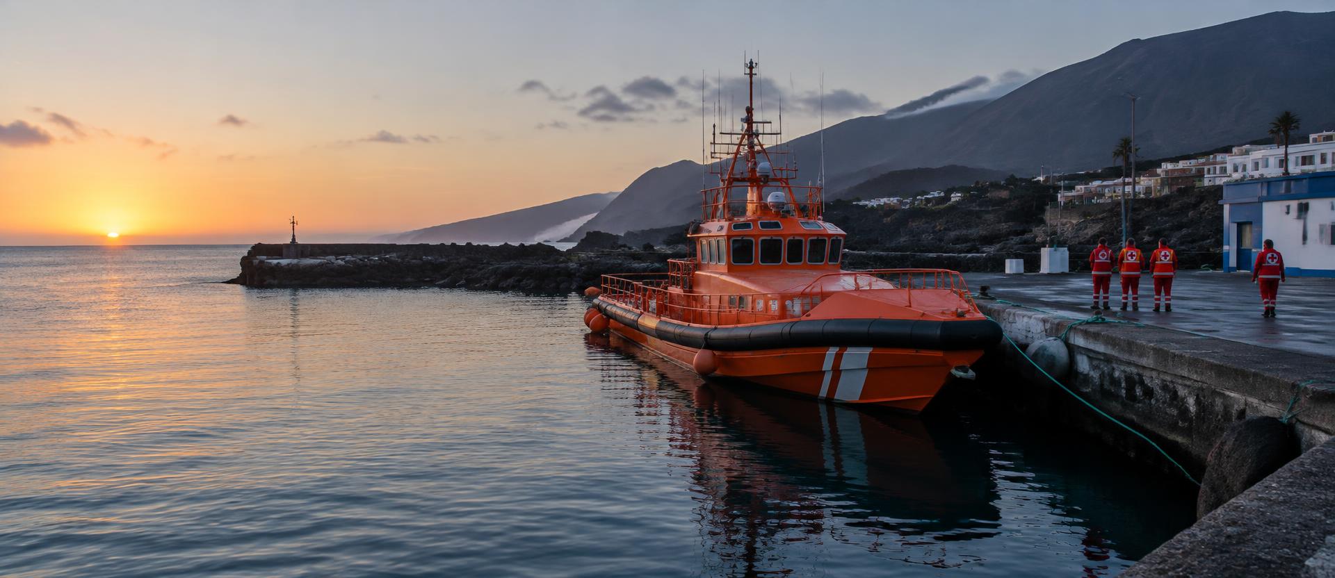 Orangefarbenes Seenotrettungsboot im Hafen von La Restinga auf El Hierro bei Sonnenaufgang (KI-generierte Illustration)