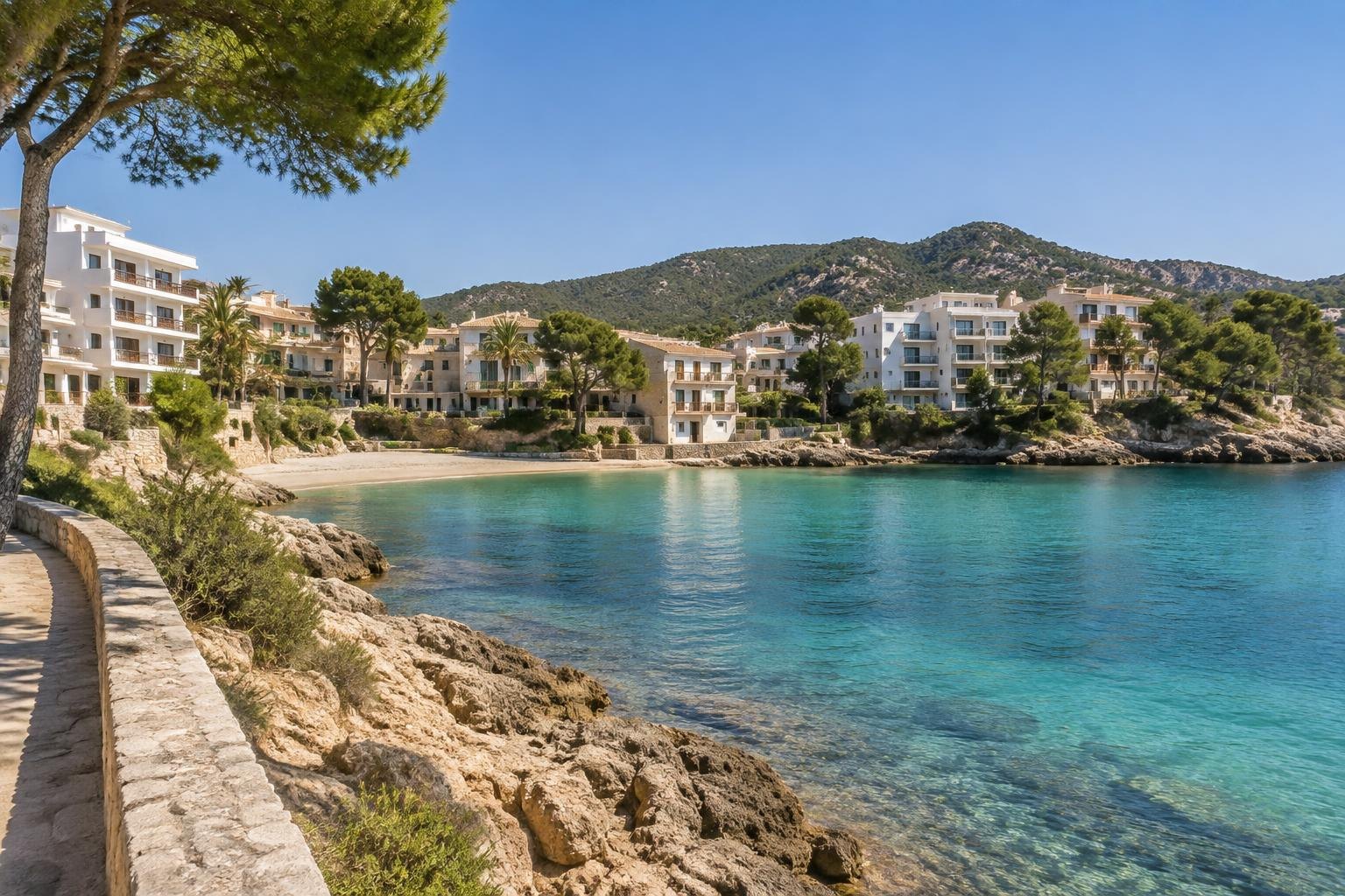 Ruhige mediterrane Bucht mit Hotel- und Apartmentgebäuden, Pinien und türkisfarbenem Wasser