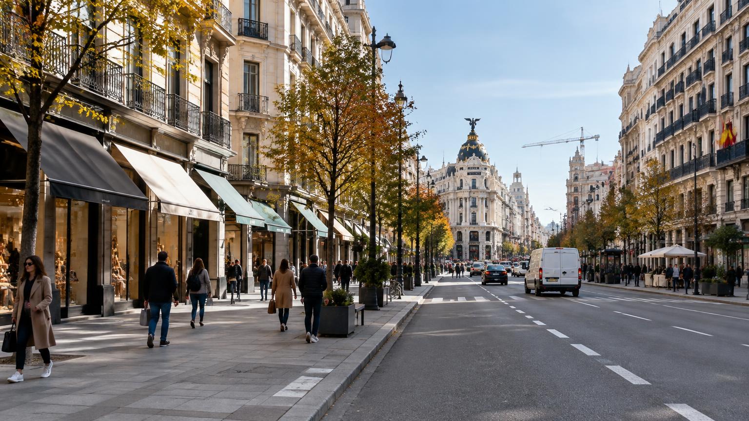 Geschäftiges Straßenbild in Madrid mit Läden, Passanten und Lieferverkehr (KI-generiertes Symbolbild)