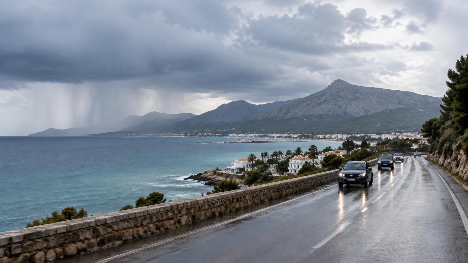 Regnerische Küstenstraße auf Mallorca unter dunklen Wolken (KI-generiertes Symbolbild)