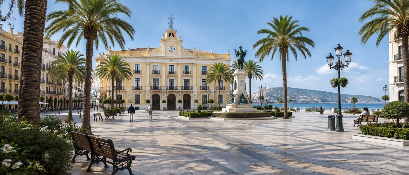 Plaza de África in Ceuta mit spanischer Flagge, Vorbereitungsort für den Besuch des Königspaares am 13. Oktober 2026