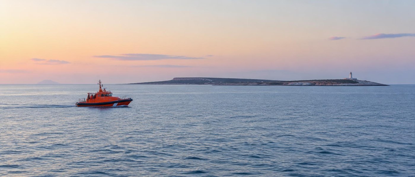 Rettungsboot vor einer niedrigen Formentera-Küste im Morgenlicht, KI-Symbolbild