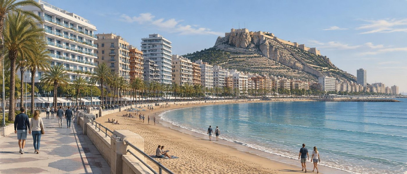 Hotelgebäude und Strandpromenade in Alicante, KI-Symbolbild