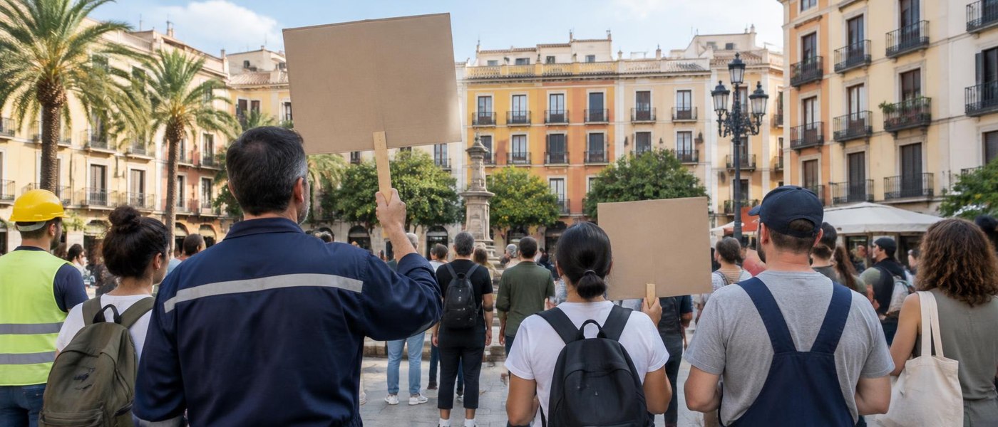 Friedliche Versammlung vor spanischen Wohnhäusern, KI-Symbolbild