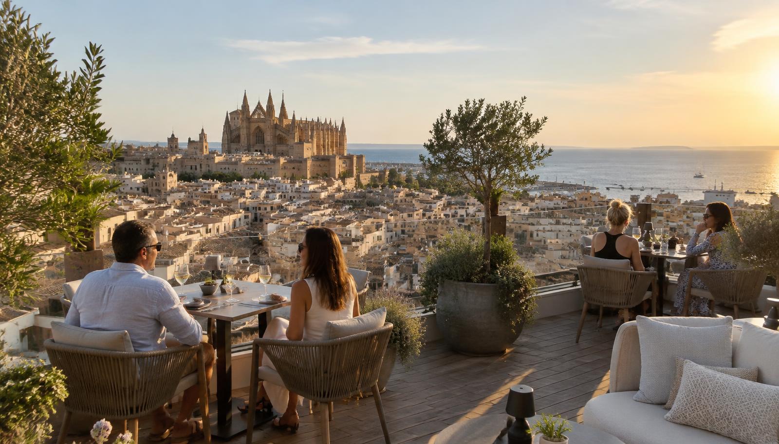 Dachterrasse eines Hotels in Palma mit Blick auf Kathedrale und Meer (KI-Illustration)