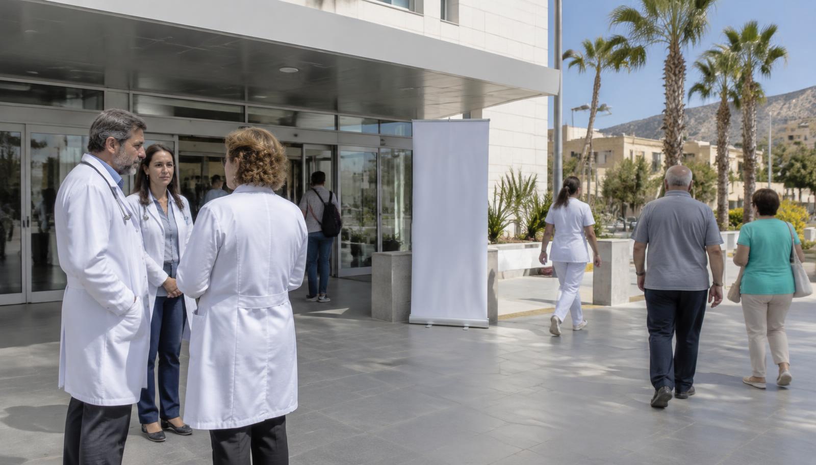 Ärztinnen und Ärzte vor dem Eingang eines Krankenhauses auf den Kanaren (KI-Illustration)