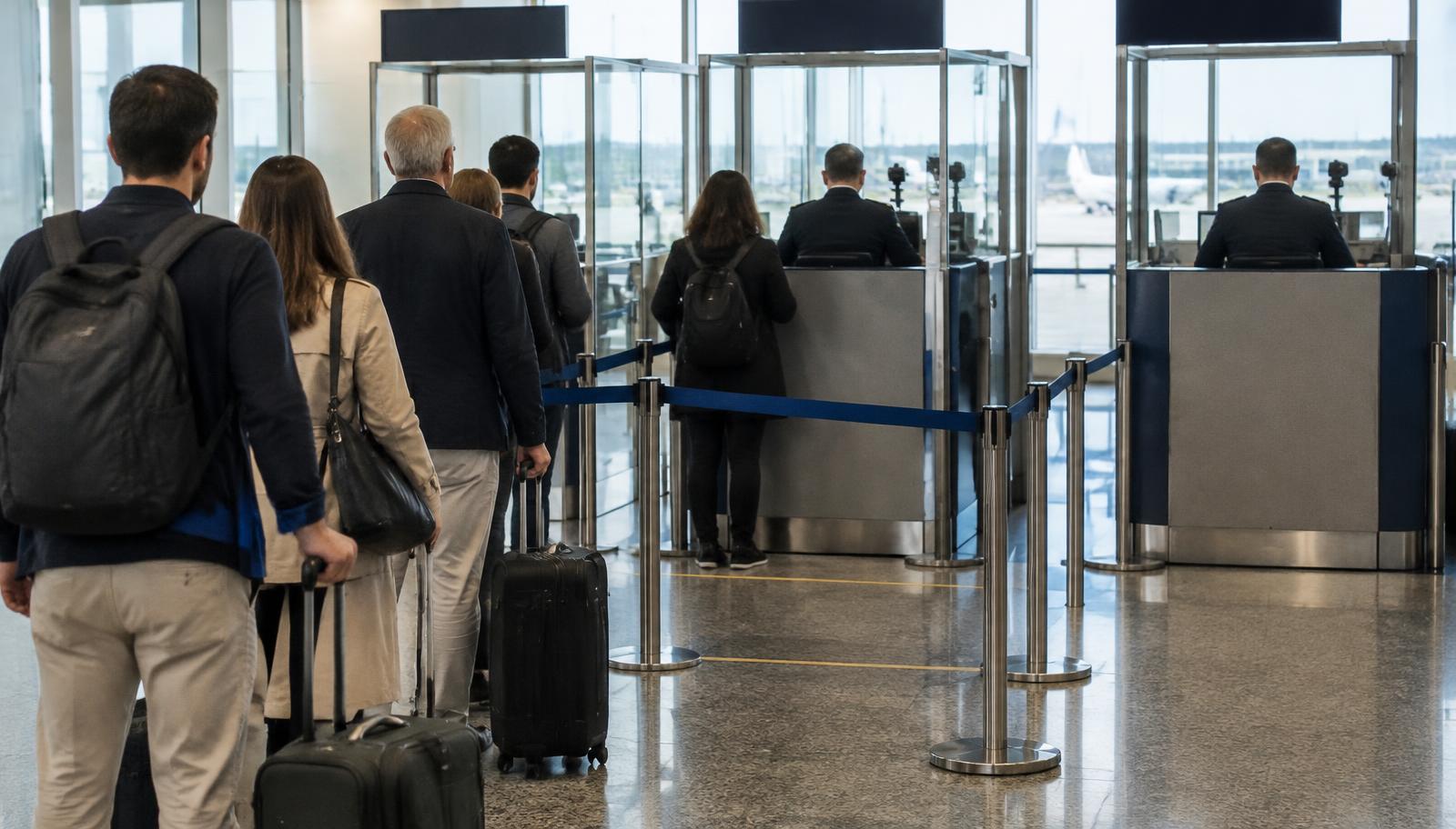Reisende warten an einer Passkontrolle in einem Flughafen (KI-Illustration)