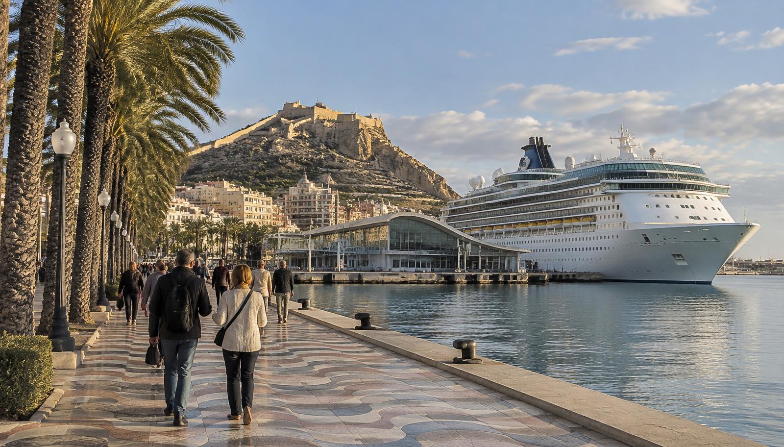 Kreuzfahrtschiff im Hafen von Alicante, davor die Explanada