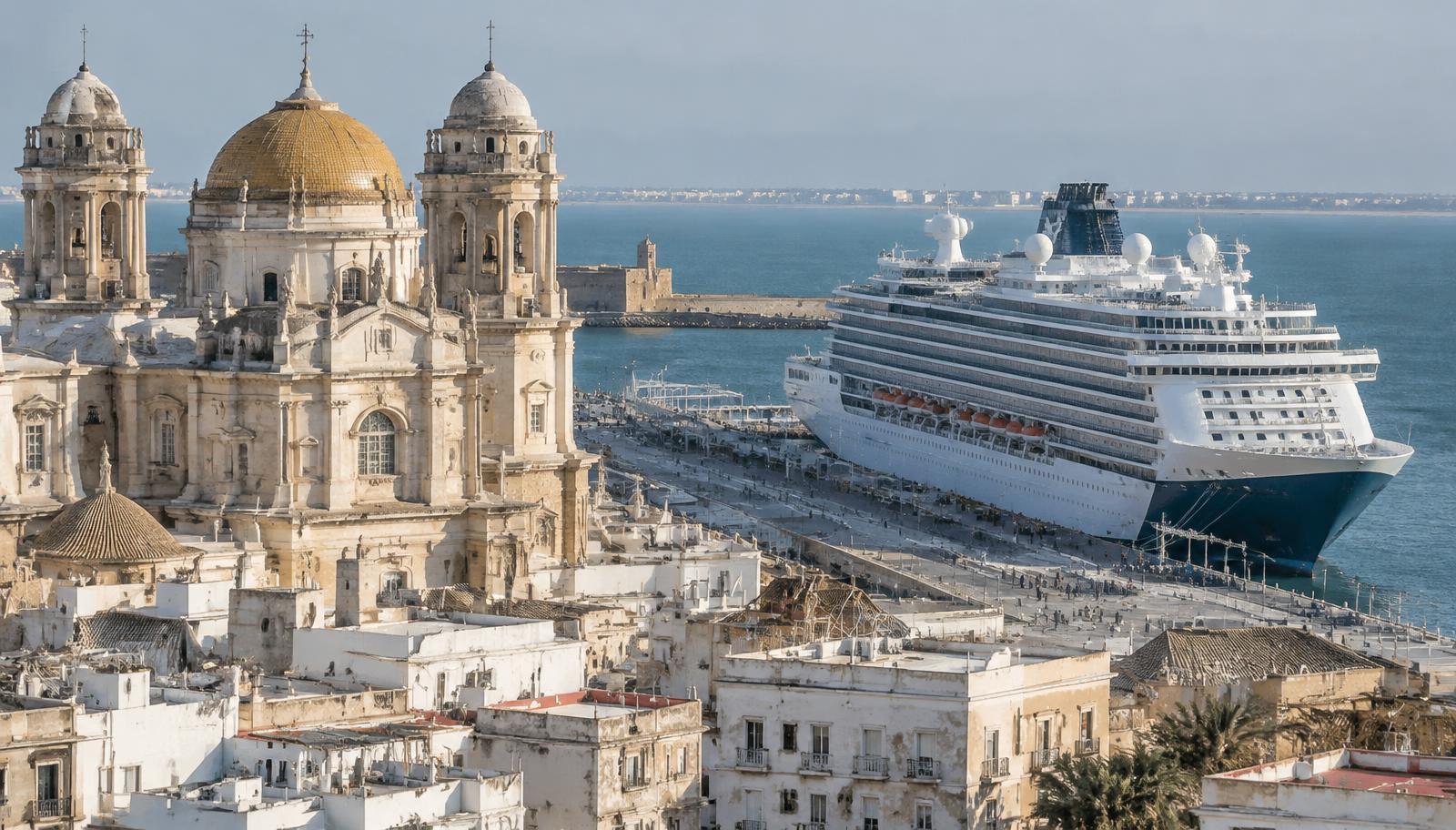 Kreuzfahrtschiff im Hafen von Cádiz neben der Kathedrale