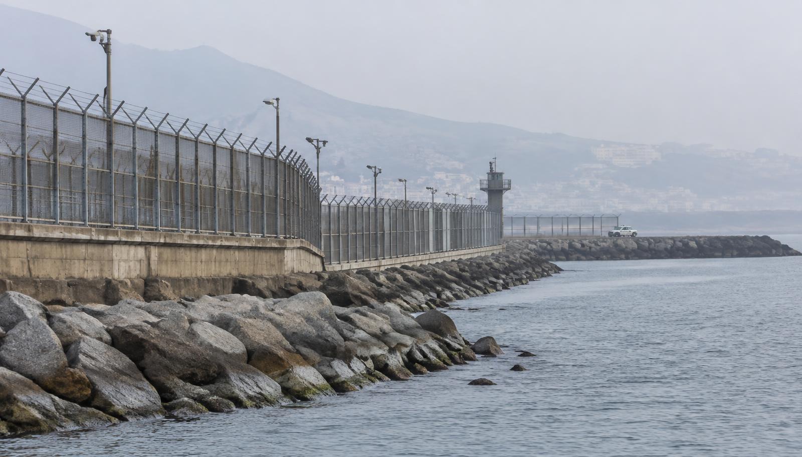 Grenzzaun und Wellenbrecher am Tarajal in Ceuta