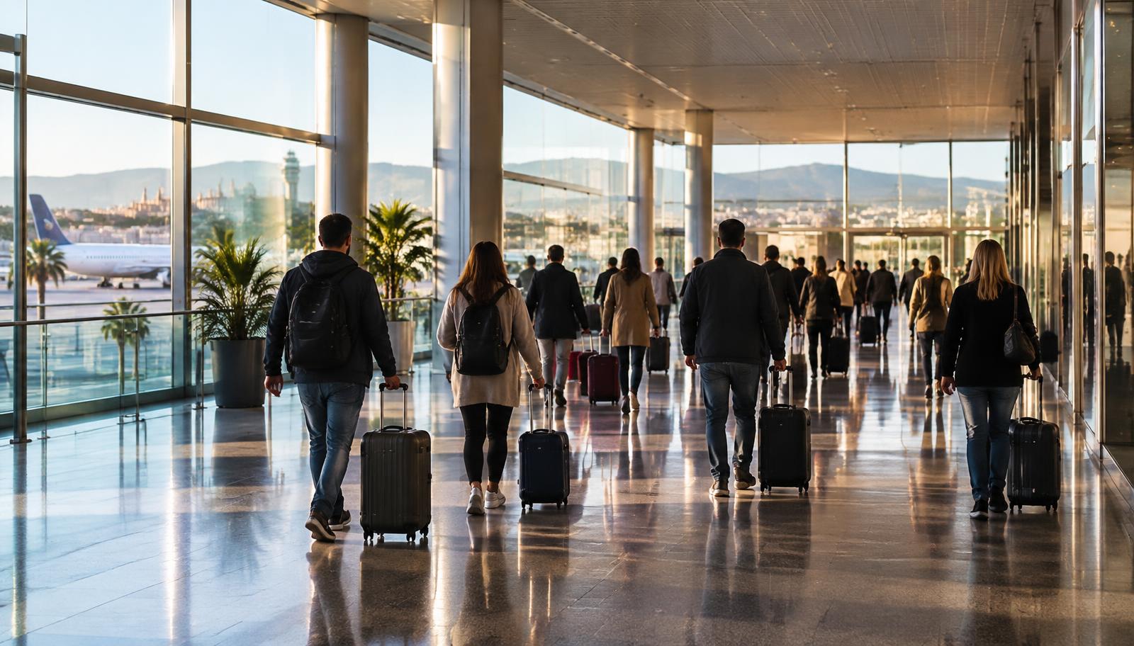 Reisende mit Rollkoffern in einer Flughafenhalle auf Mallorca