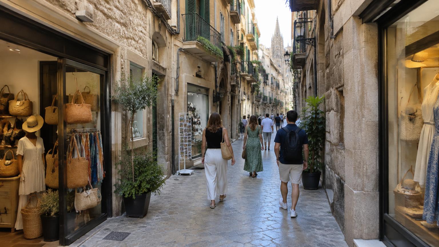 Kleine Geschäfte in einer Altstadtgasse von Palma (KI-generierte Illustration)