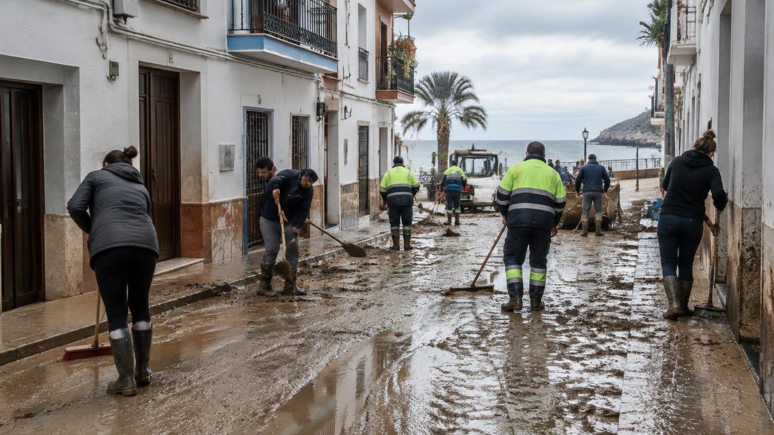 Aufräumarbeiten in einer schlammbedeckten Straße eines Küstenorts nach dem Hochwasser (KI-generierte Illustration)