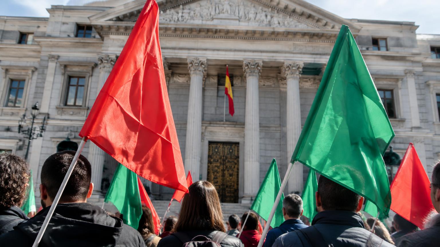 Gewerkschaftsfahnen vor einem Ministeriumsgebäude in Madrid (KI-generierte Illustration)
