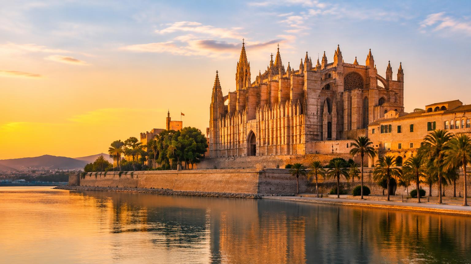 Kathedrale von Palma am Meer bei Abendlicht (KI-generierte Illustration)