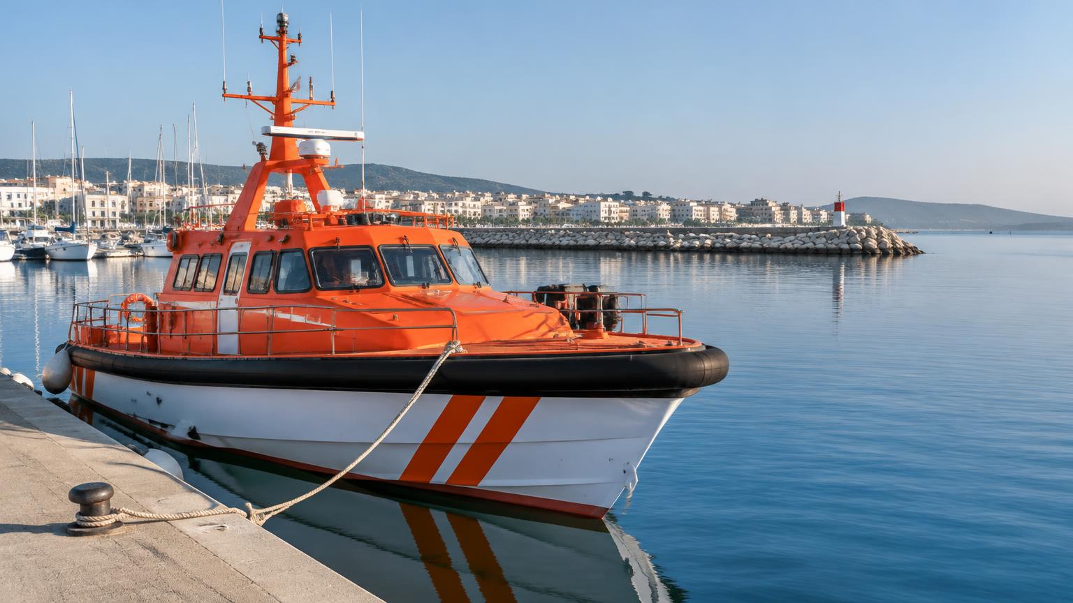 Rettungsboot von Salvamento Marítimo in einem Mittelmeerhafen (KI-generierte Illustration)