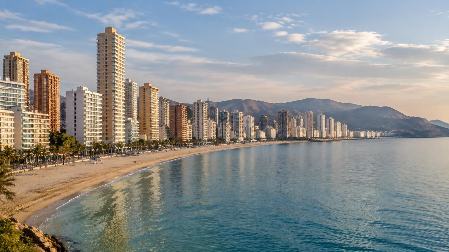 Hochhaushotels am Strand von Benidorm im Herbstlicht (KI-generierte Illustration)