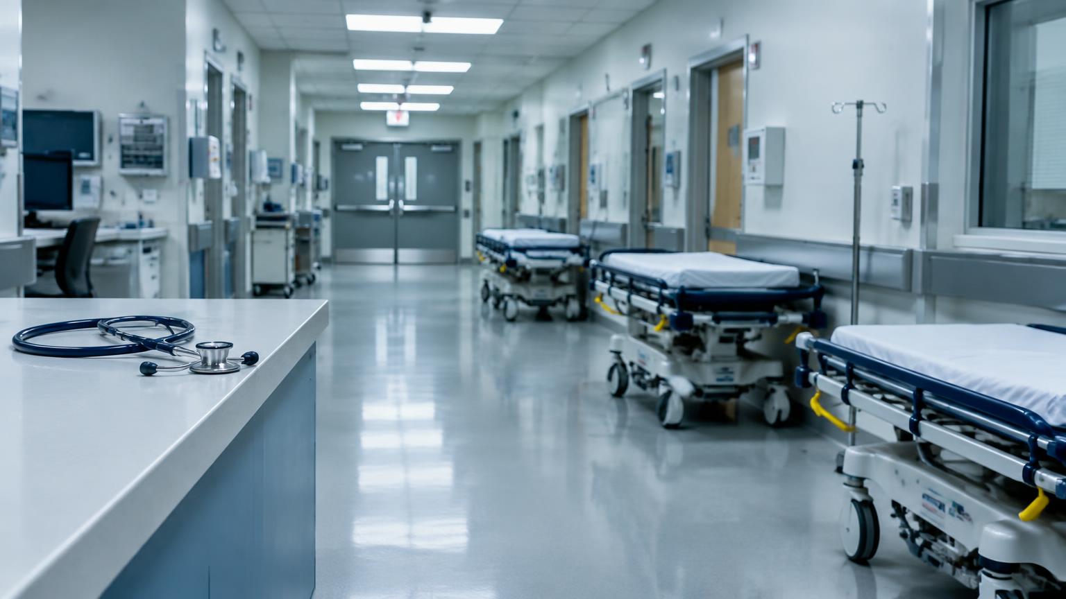 Leerer Krankenhausflur einer Notaufnahme mit Tragen und Stethoskop (KI-generierte Illustration)