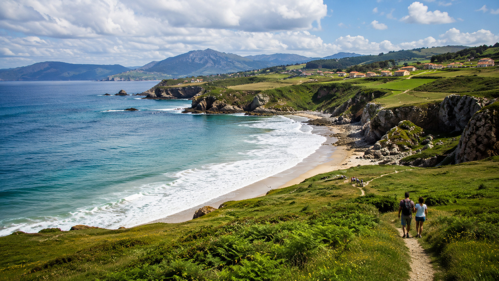 Grüne Atlantikküste mit Strand, Bergen und Wanderern in Nordspanien