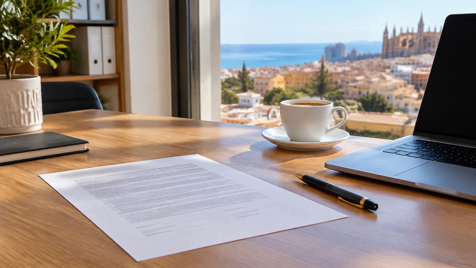 Schreibtisch mit Arbeitsvertrag, Kugelschreiber, Kaffeetasse und Laptop vor einem Fenster mit Blick auf eine Stadt am Meer, KI-Illustration