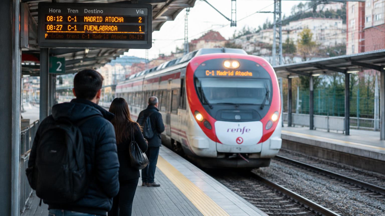 Pendler warten am Bahnsteig, ein Renfe-Nahverkehrszug fährt ein