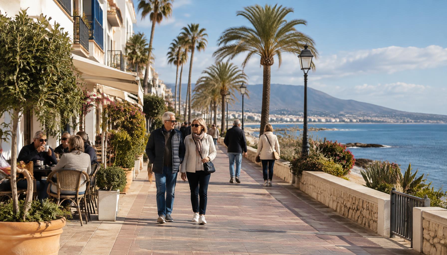Überwintern in Spanien: Menschen in leichten Jacken an einer andalusisch inspirierten Meerespromenade, KI-Illustration