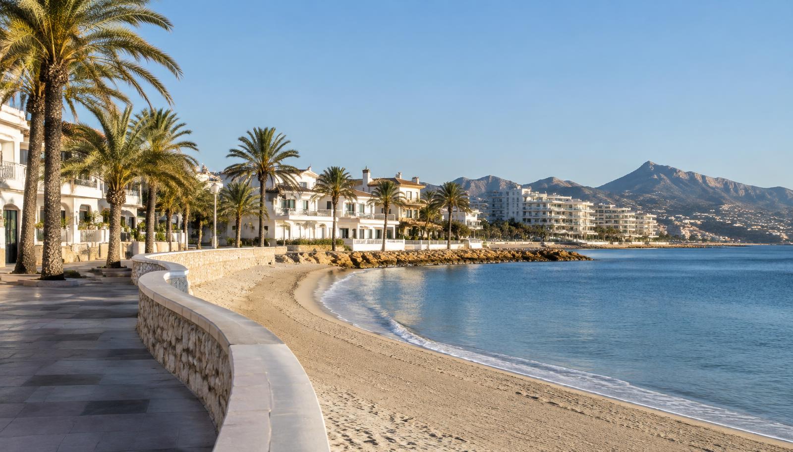 Strandpromenade mit weißen Häusern und Palmen direkt am Meer an der Costa Blanca