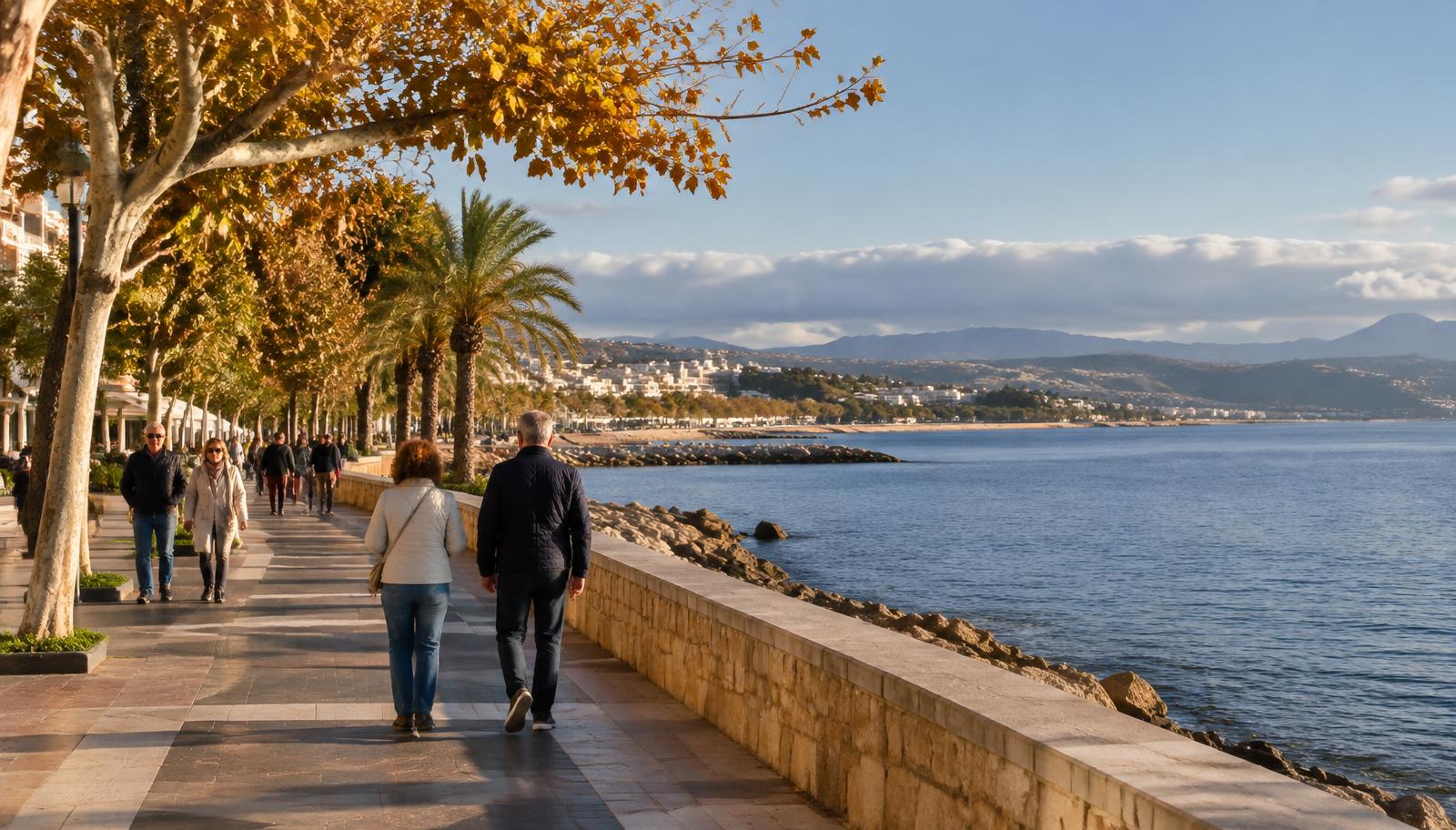 Spaziergänger auf einer sonnigen Mittelmeerpromenade im Herbst, Wolkenband am Horizont (KI-generierte Illustration)