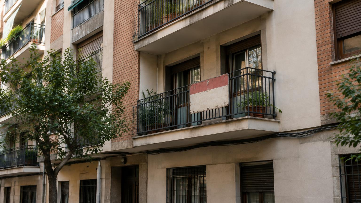 Spanisches Wohnhaus mit Balkonen und einem leeren Schild am Geländer, KI-Illustration