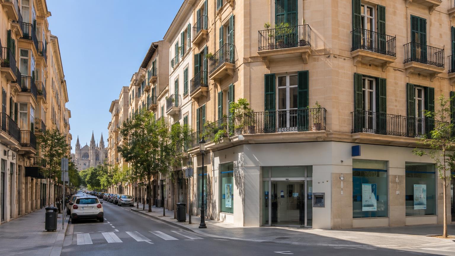 Wohnstraße in Palma mit Altbauten und Bankfiliale bei Tageslicht (KI-generiertes Symbolbild)