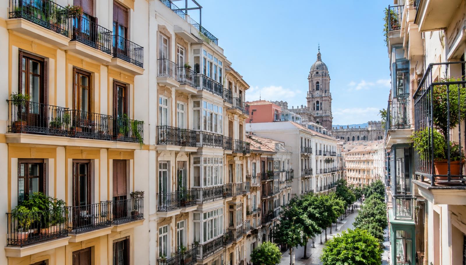 Wohnhäuser mit Balkonen in der Altstadt von Málaga bei Tageslicht (KI-generiertes Symbolbild)