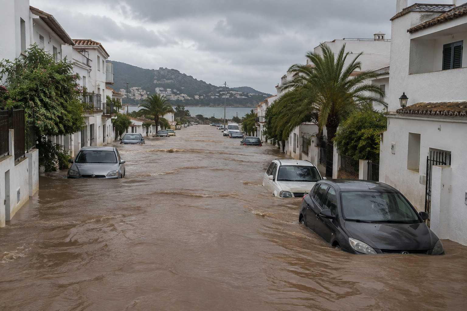Überflutete Straße nach Starkregen in einem Küstenort am Mittelmeer