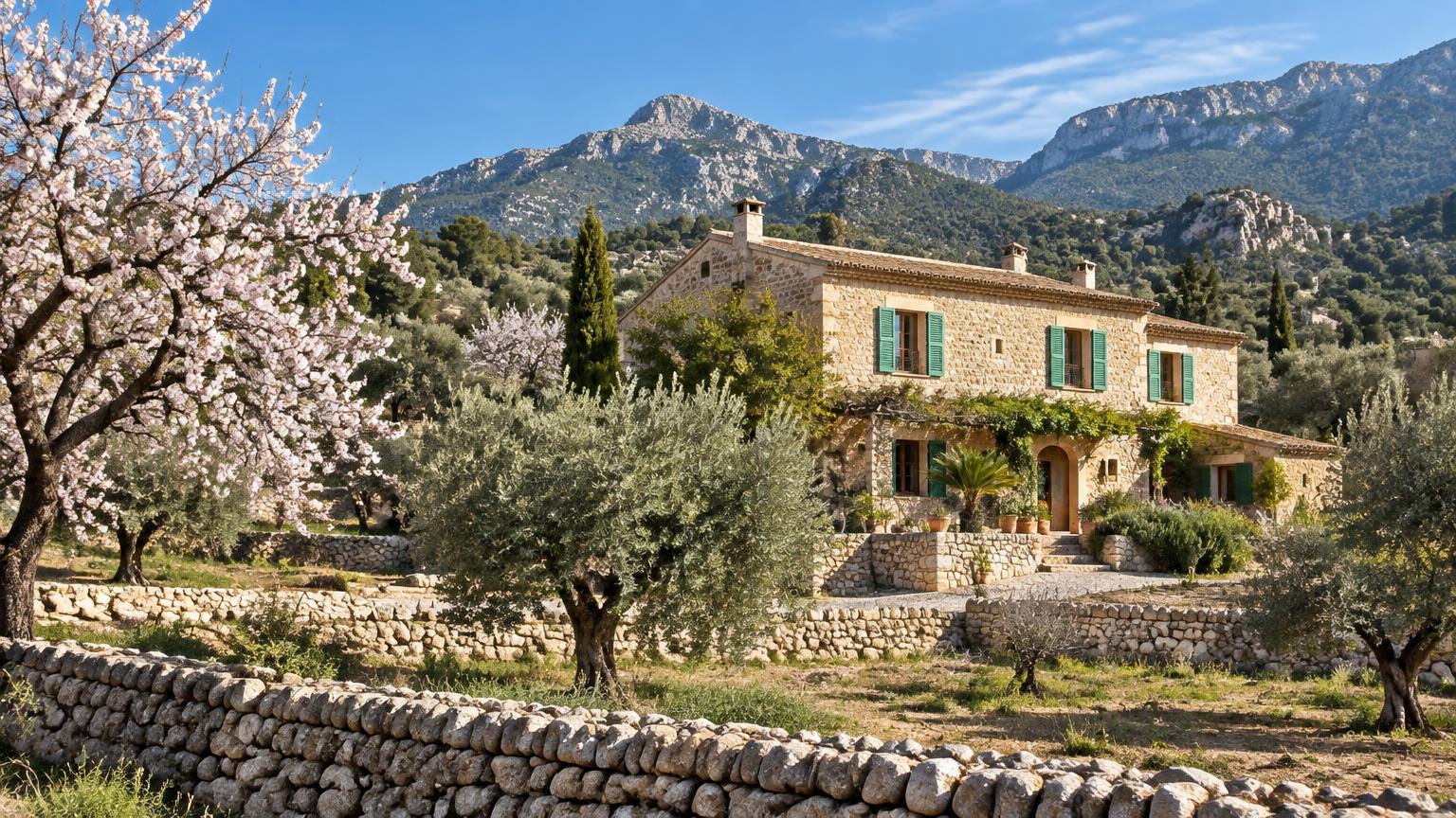 Traditionelle Natursteinfinca zwischen Mandel- und Olivenbäumen auf Mallorca