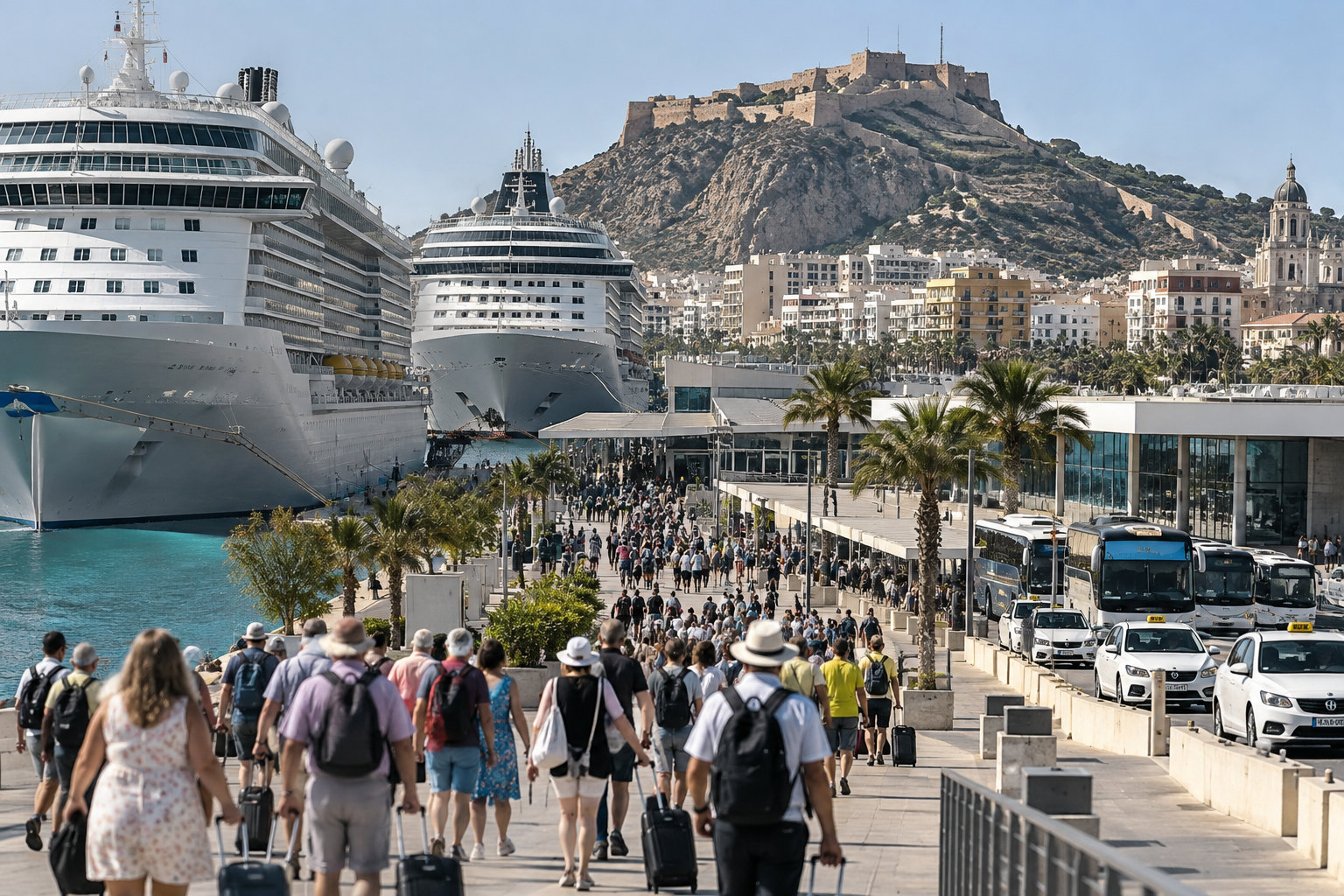 Zwei große Kreuzfahrtschiffe im Hafen von Alicante mit zahlreichen Besuchern auf dem Weg in die Innenstadt
