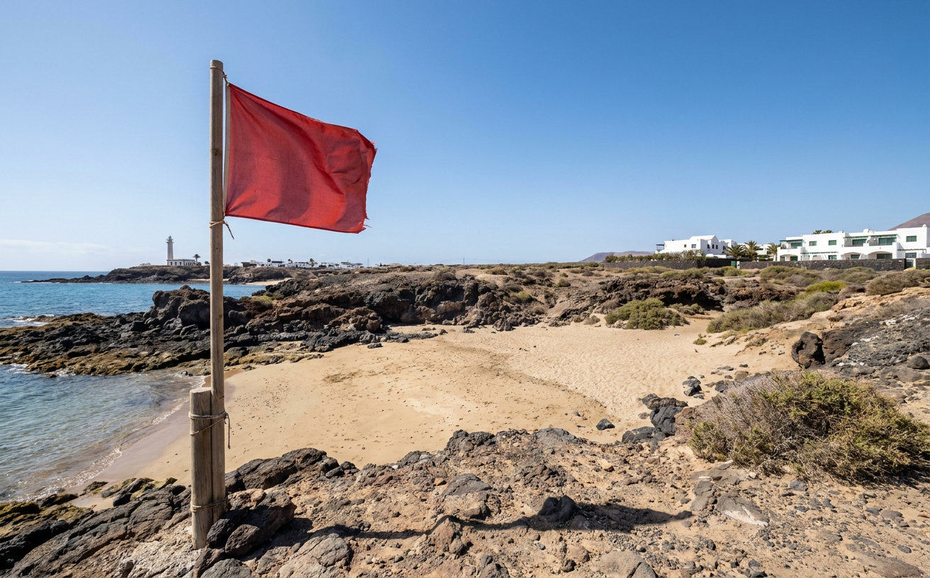 Rote Flagge an der kleinen Bucht von Playa Blanca auf Lanzarote
