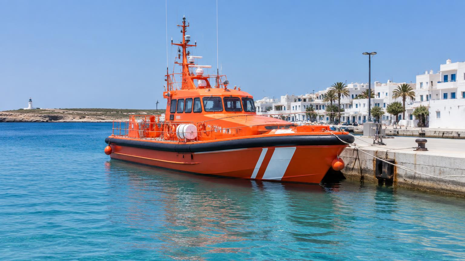 Schiff der Seenotrettung in einem kleinen Hafen auf Formentera bei Tageslicht