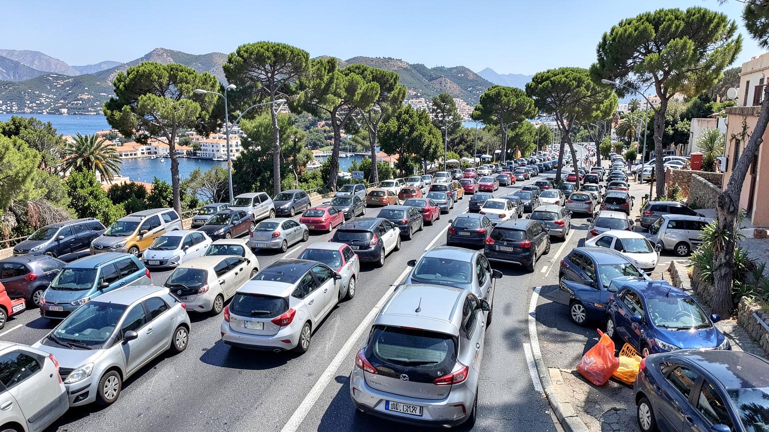 Dichter Autoverkehr auf einer Küstenstraße auf Mallorca