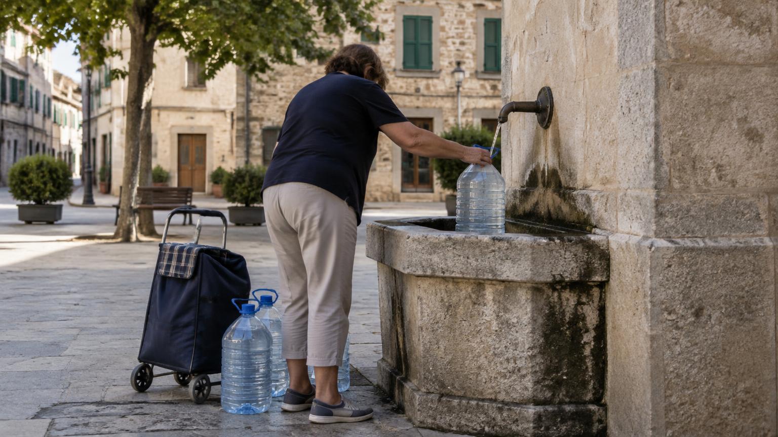 Frau füllt Wasserkanister an einem öffentlichen Brunnen in einem Ort auf Mallorca