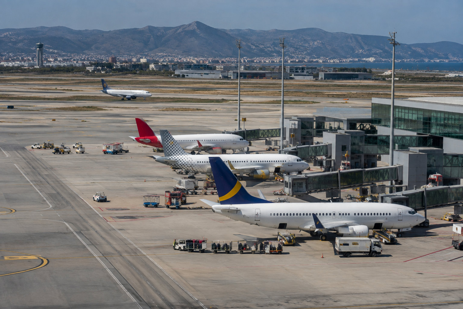 Passagierflugzeuge und Terminalgebäude am stark ausgelasteten Flughafen Barcelona-El Prat