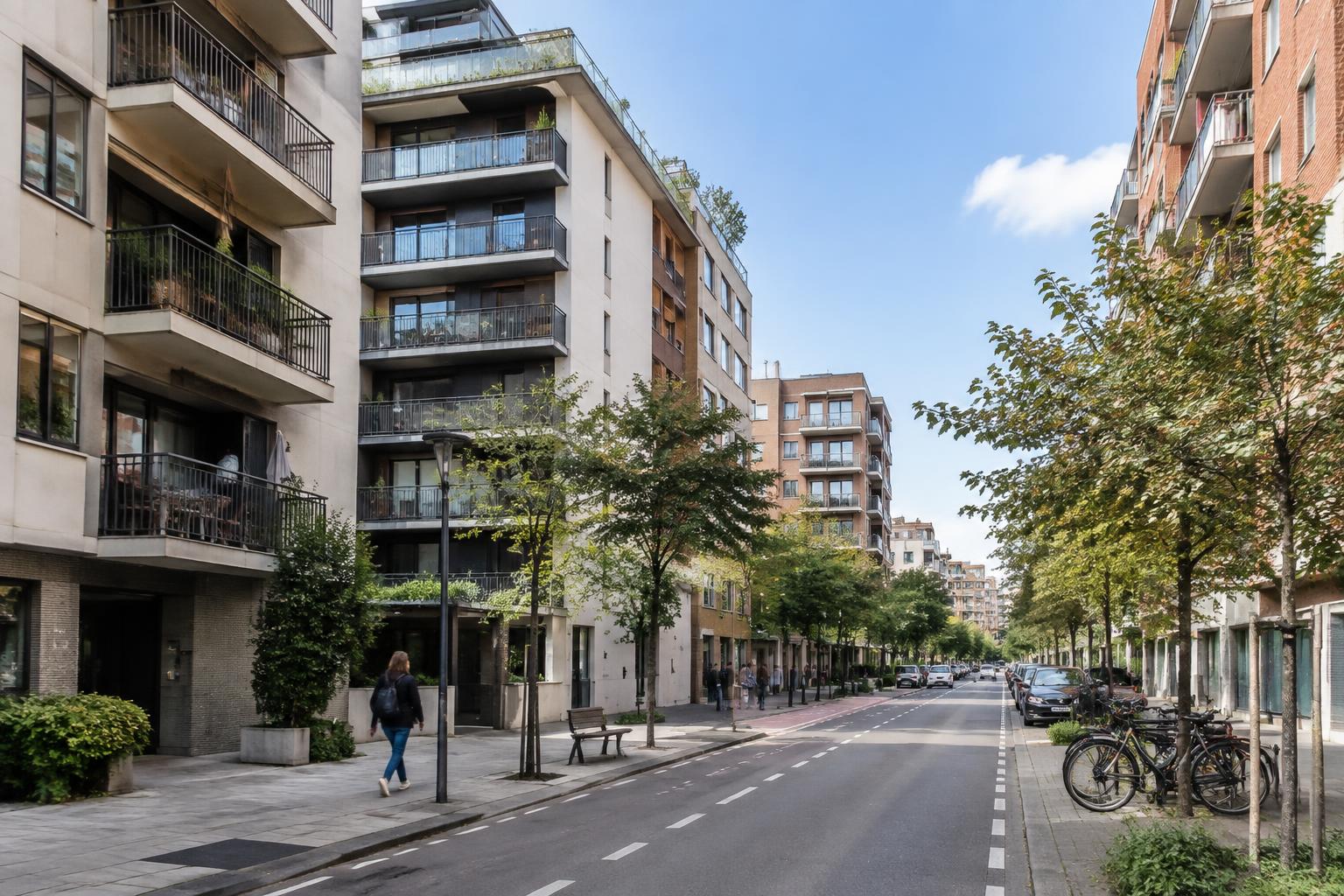 Modernes Wohnviertel in Barcelona mit Mehrfamilienhäusern und begrüntem Straßenraum