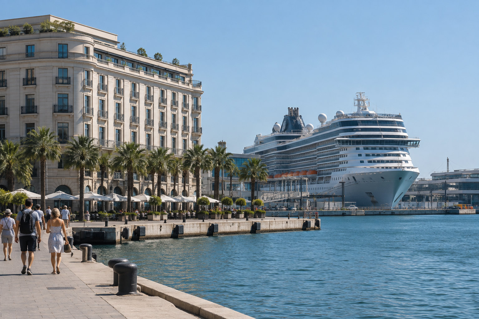 Luxushotel am Hafen von Barcelona mit Kreuzfahrtschiff im Hintergrund