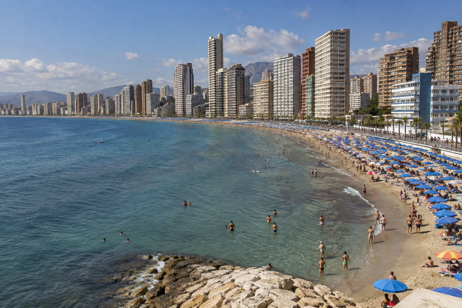 Dicht belegte Hotelzone und Strand von Benidorm an einem sonnigen Septembertag