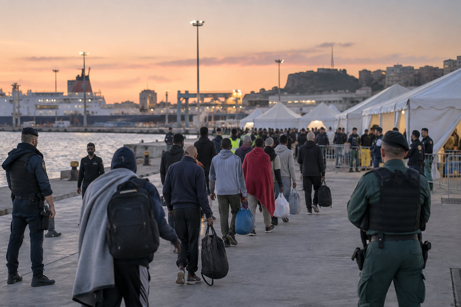 Polizei begleitet in Ceuta den geordneten Transfer von der Playa Benítez zur provisorischen Unterkunft im Hafen.