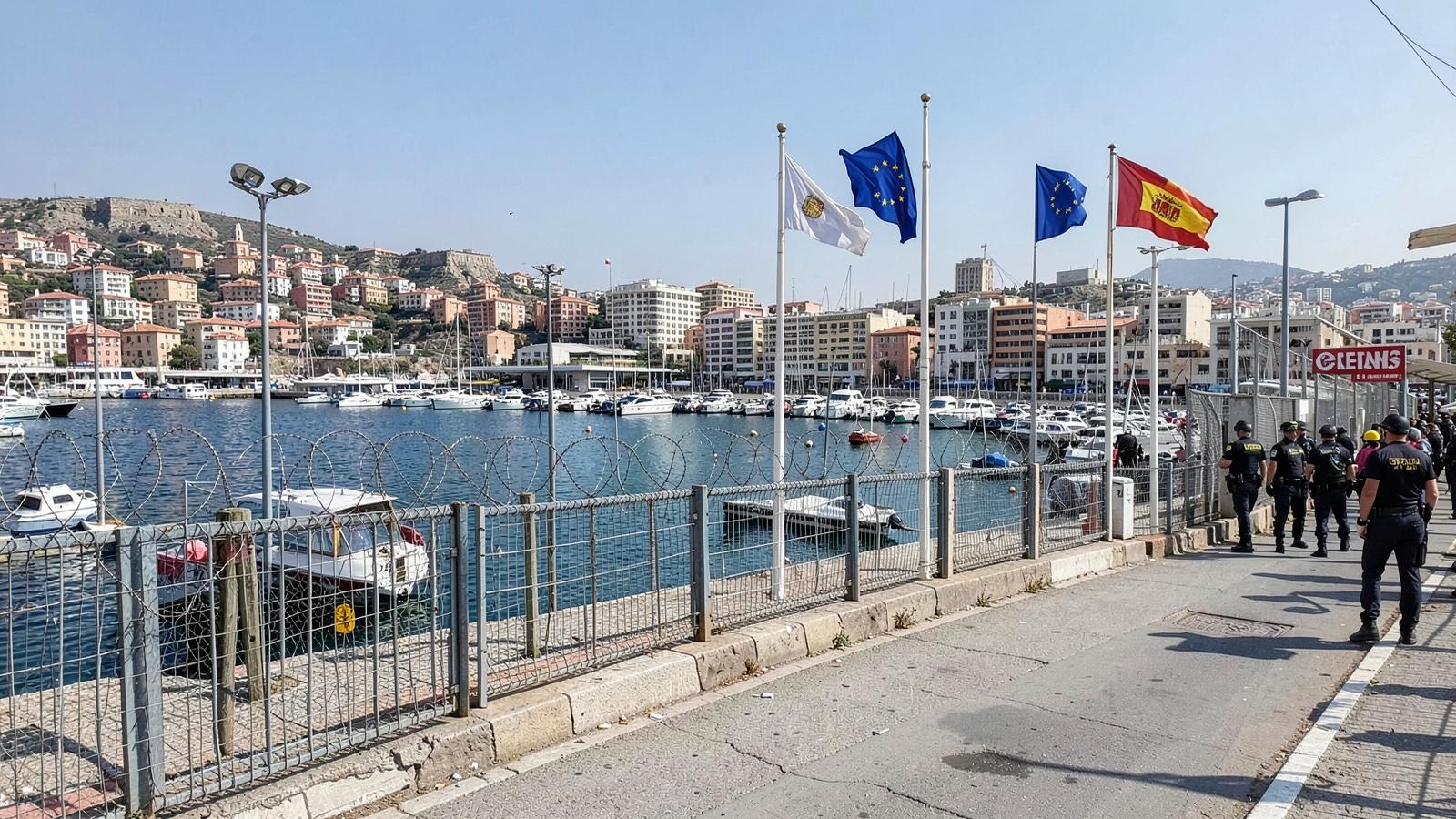 Hafen und Grenzbereich von Ceuta mit spanischen und europäischen Flaggen