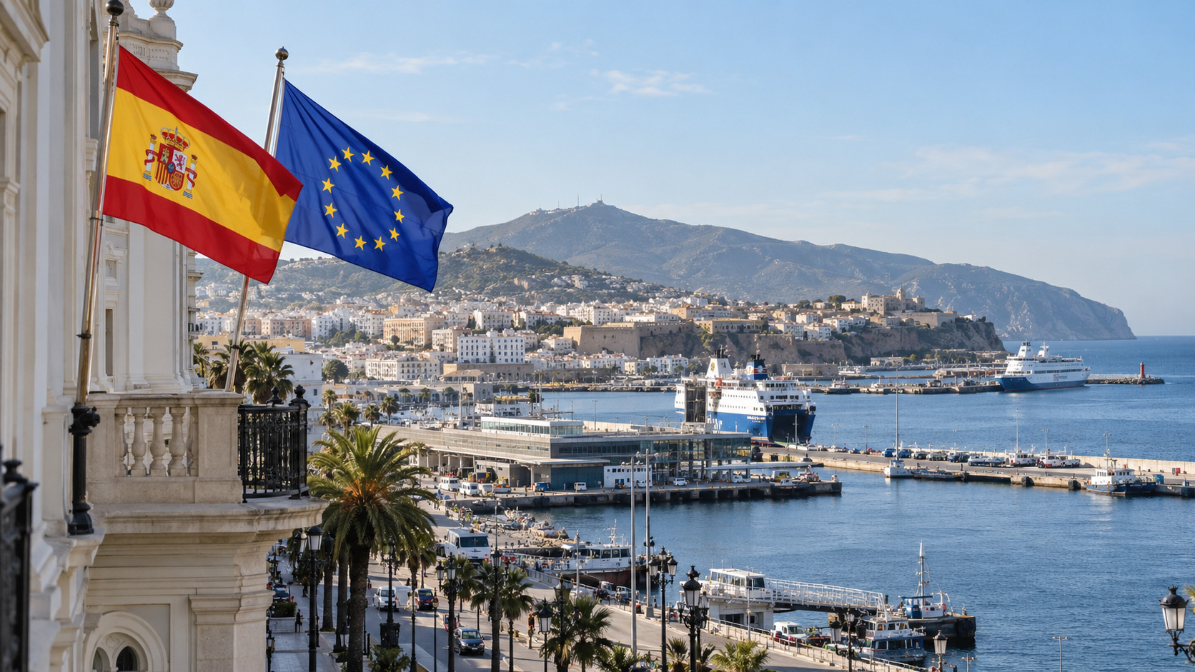 Spanische und europäische Flaggen vor einer mediterranen Hafenstadt als Symbol für Ceuta und Melilla